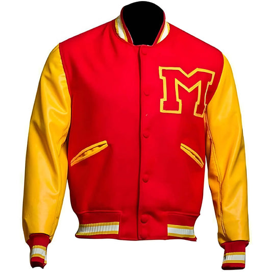 Men’s MJ Thriller Red Varsity Bomber Jacket with M Logo – Michael Jackson Style Coat The Jackeeta