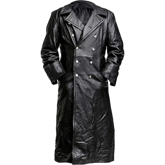 Men’s Vintage WW2 German Military Style Double-Breasted Black Leather Trench Coat The Jackeeta