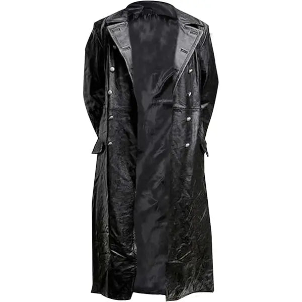 Men’s Vintage WW2 German Military Style Double-Breasted Black Leather Trench Coat The Jackeeta