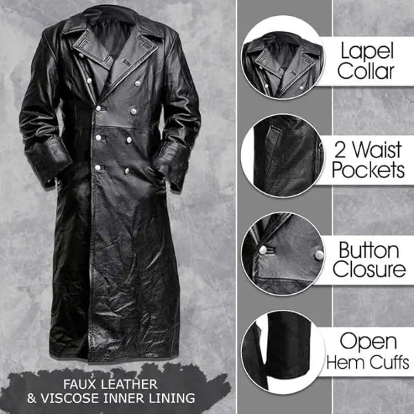 Men’s Vintage WW2 German Military Style Double-Breasted Black Leather Trench Coat The Jackeeta