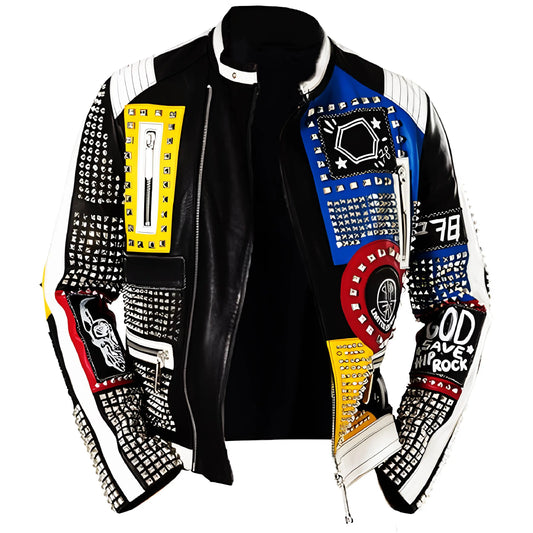 Men's Studded Punk Rock Biker Leather Jacket – Spiked Multicolor Retro Style The Jackeeta
